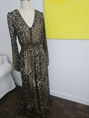 H&M Sheer Long Sleeved Leopard Print V-Neck Maxi Dress - Size 12
